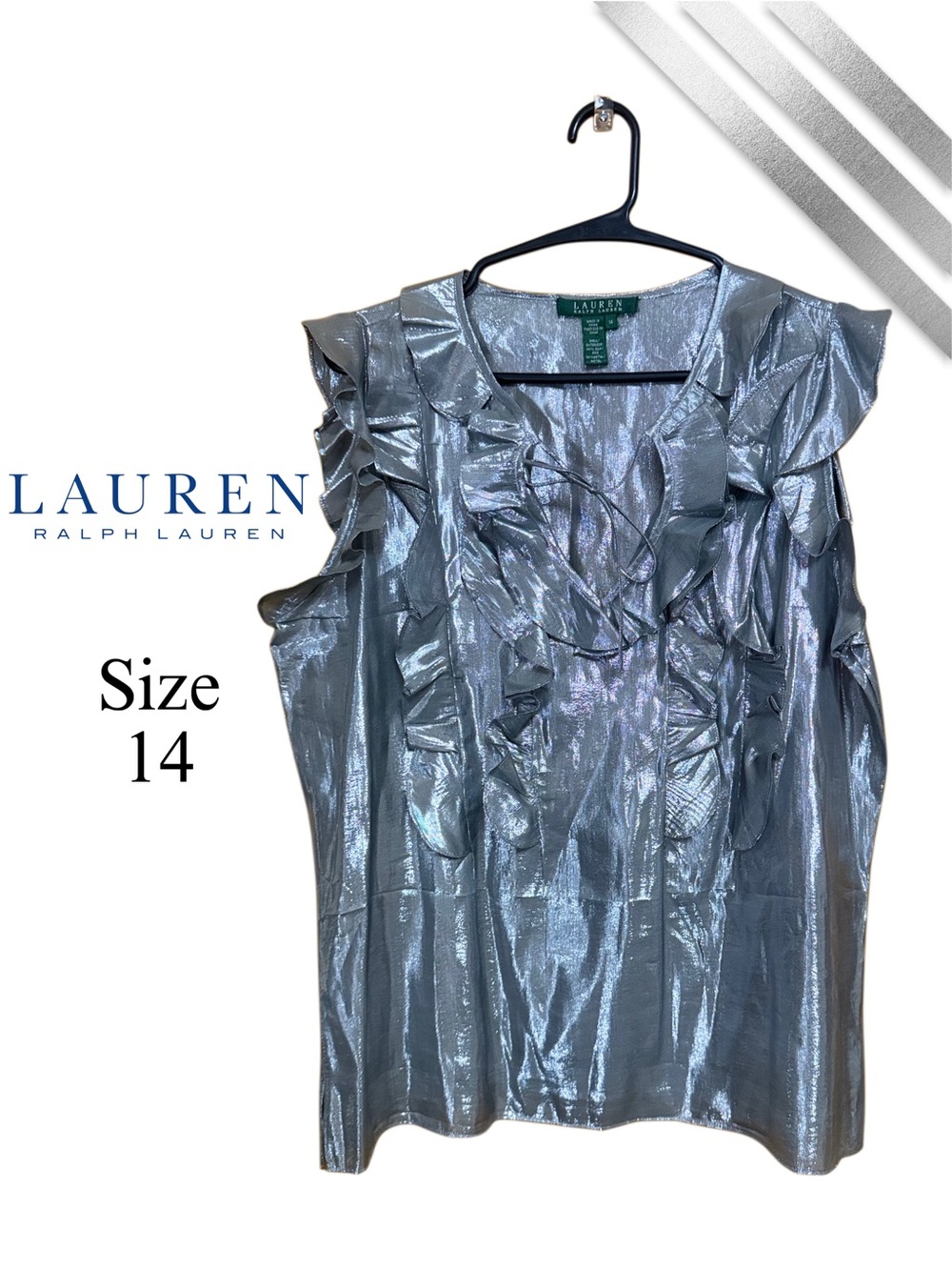 ✨ Lauren Ralph Lauren Silver Metallic Ruffle Top | Luxe Silk Blend Glam ✨